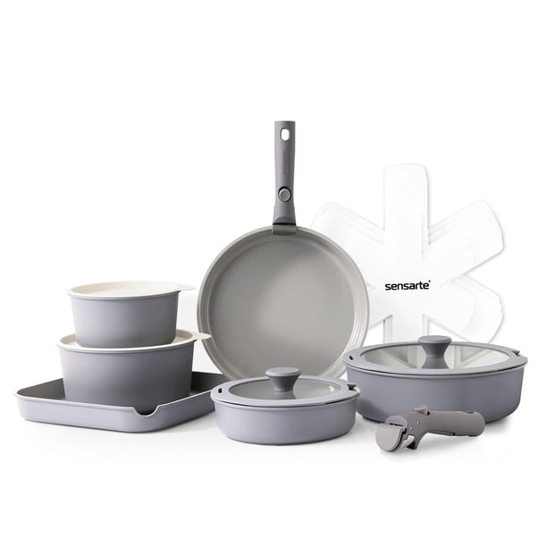 Set de utensilios de cocina SENSARTE, ollas y sartenes de cerámica, 17 piezas, color gris