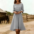 thumbnail image 4 of Ohufall Women's Dresses Long Sleeve Round Neck Flowy Midi Dress Solid Color Vacation Fashion Dress, 4 of 6