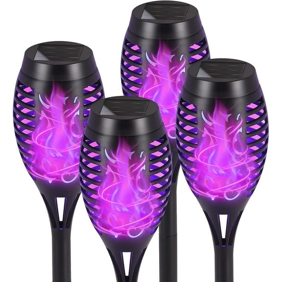 LED Solar Torch Light with Flickering Flame-4PCS, Outdoor Waterproof Lawn Lights, Solar Powered Pathway Purple Lights for Garden Patio Yard Xmas Decoration, Auto On/Off Solar Lights