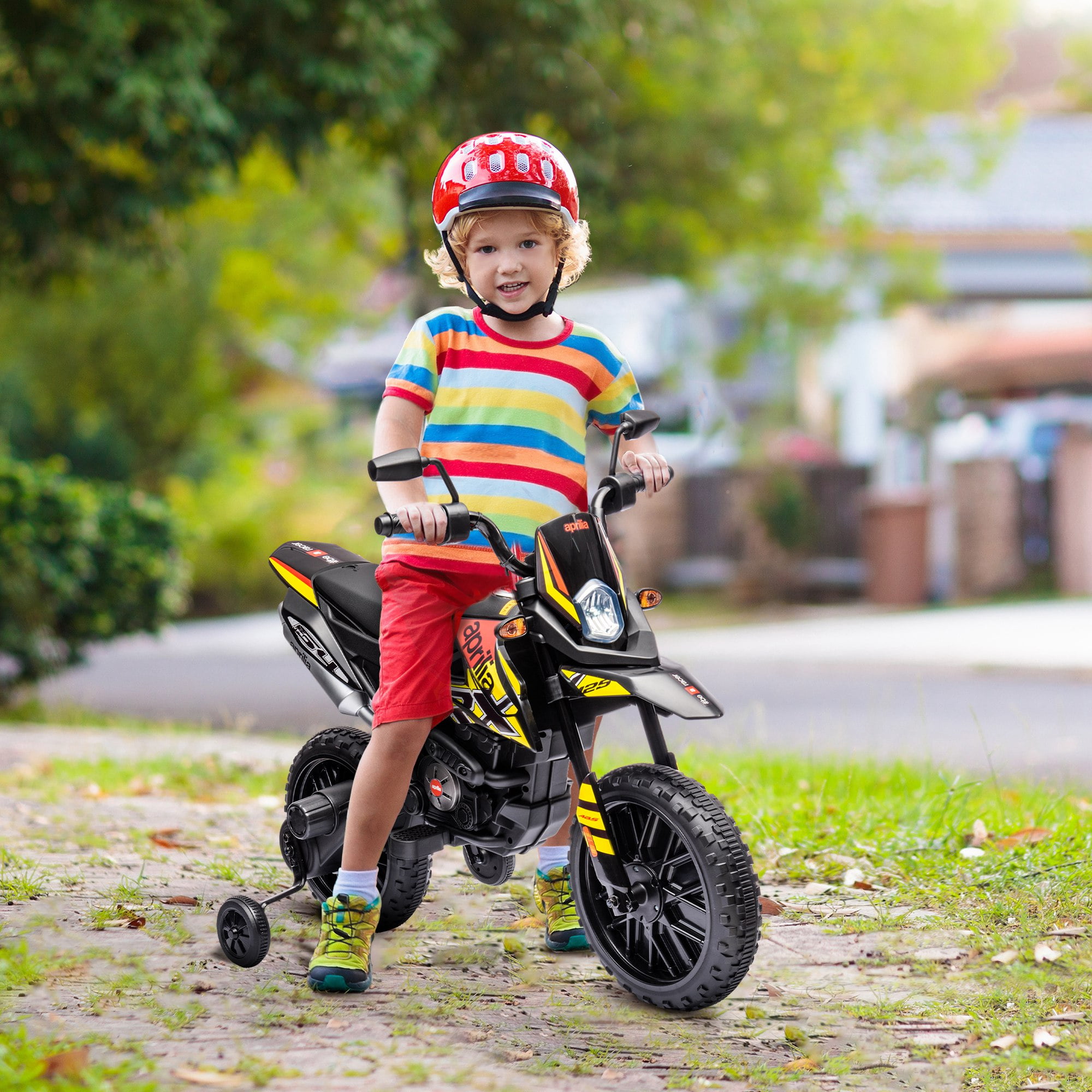 Riding Toys Qaba 12V Motorcycle, Aprilia Licenced Electric Motorcycle for with Training Wheels, Spring Suspension, LED Light, USB, Music, Battery Powered Electric Dirt Bike for Gi