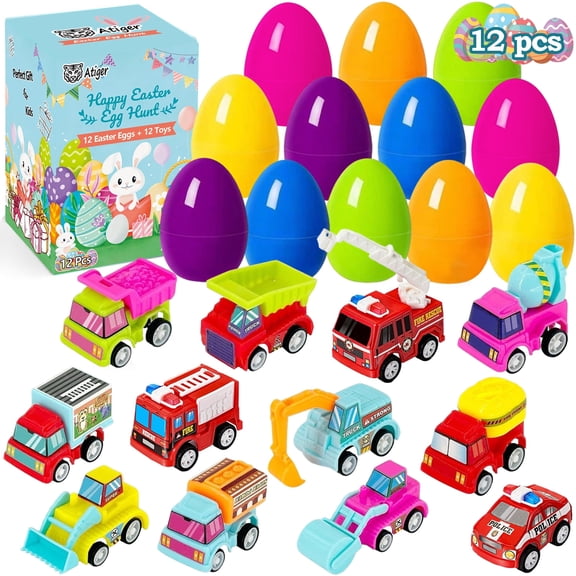 Atiger Toy Pull Back Car Engineering Vehicles Filled Eggs for Kids Toddlers, 12 Pack Easter Eggs with Toys Inside, Birthday Party Favors for Boys Girls Over 3