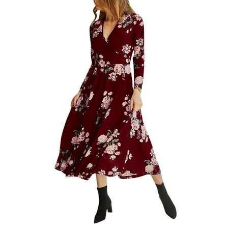 

Follure Dresses for ladies Women V Neck Manches Long Sleeve Robe Female Retro Elegant Party Culb Dress Wine XL