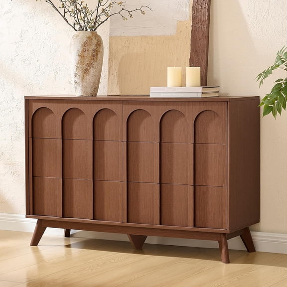 Mid Century Modern Dresser for Bedroom, Walnut 6 Drawer Dresser with Arched Front, 47'' Wide Chest of Drawers Wood Storage Organizer for Living Room