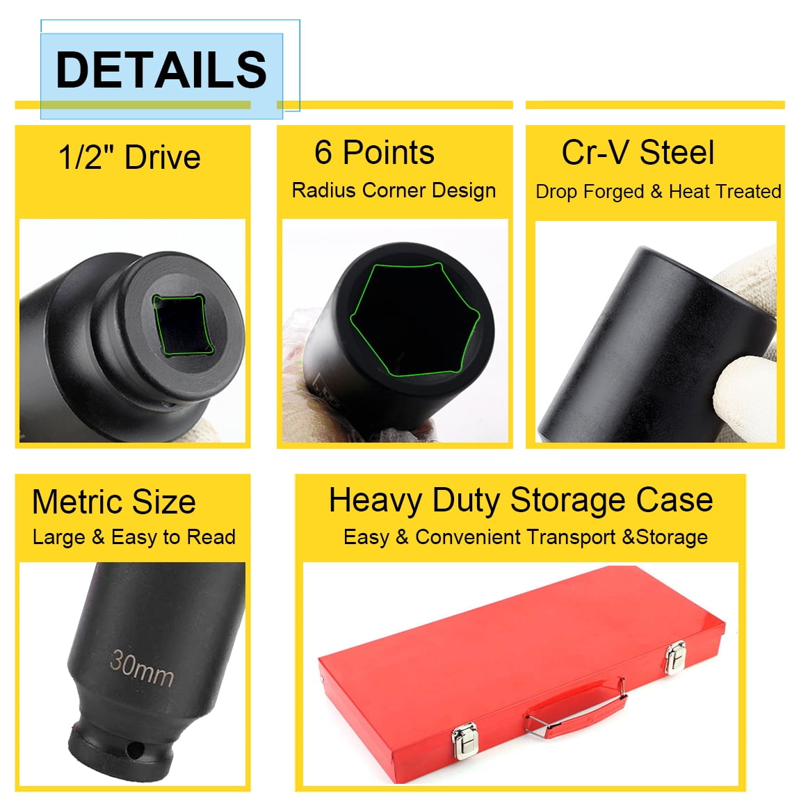 iMeshbean 35pcs Deep Impact Socket Set 1/2" Drive Metric 8-32mm 6 Point Cr-V Steel Heavy Duty Portable Socket Set with Storage Case