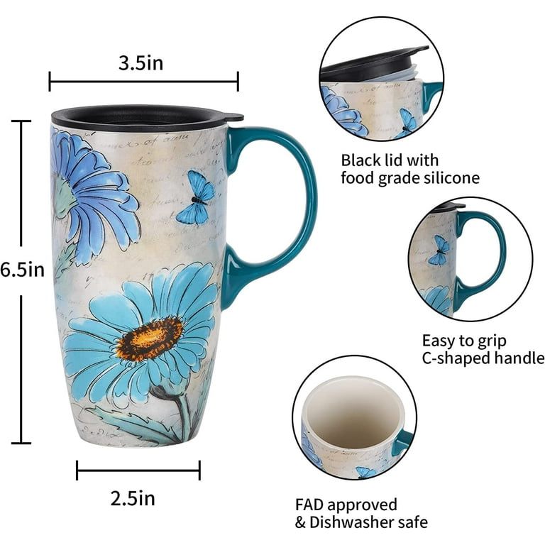 Ceramic Travel Mug with Color Gift Box,Coffee Cup 17 Oz.Flower