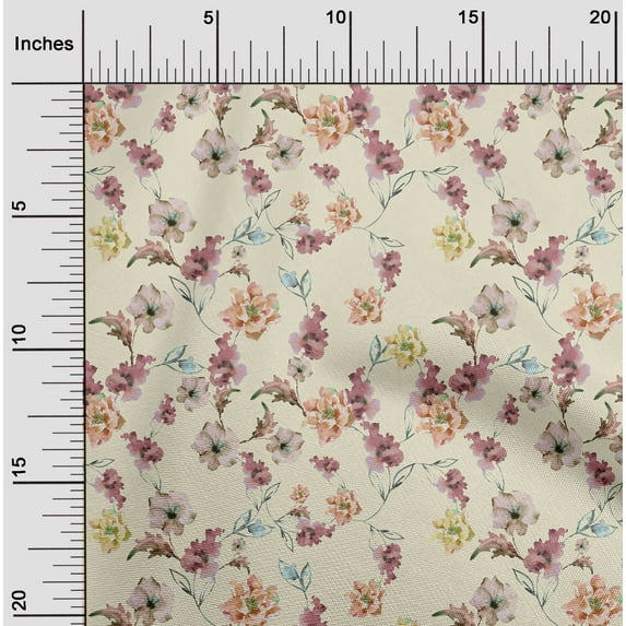 oneOone Silk Tabby Cream Fabric Flower & Leaves Watercolor Craft Projects Decor Fabric Printed By The Yard 42 Inch Wide