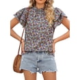 thumbnail image 3 of Nlife Women Floral Print Mock Neck Ruffle Short Sleeve Back Keyhole Chiffon Blouse, 3 of 7