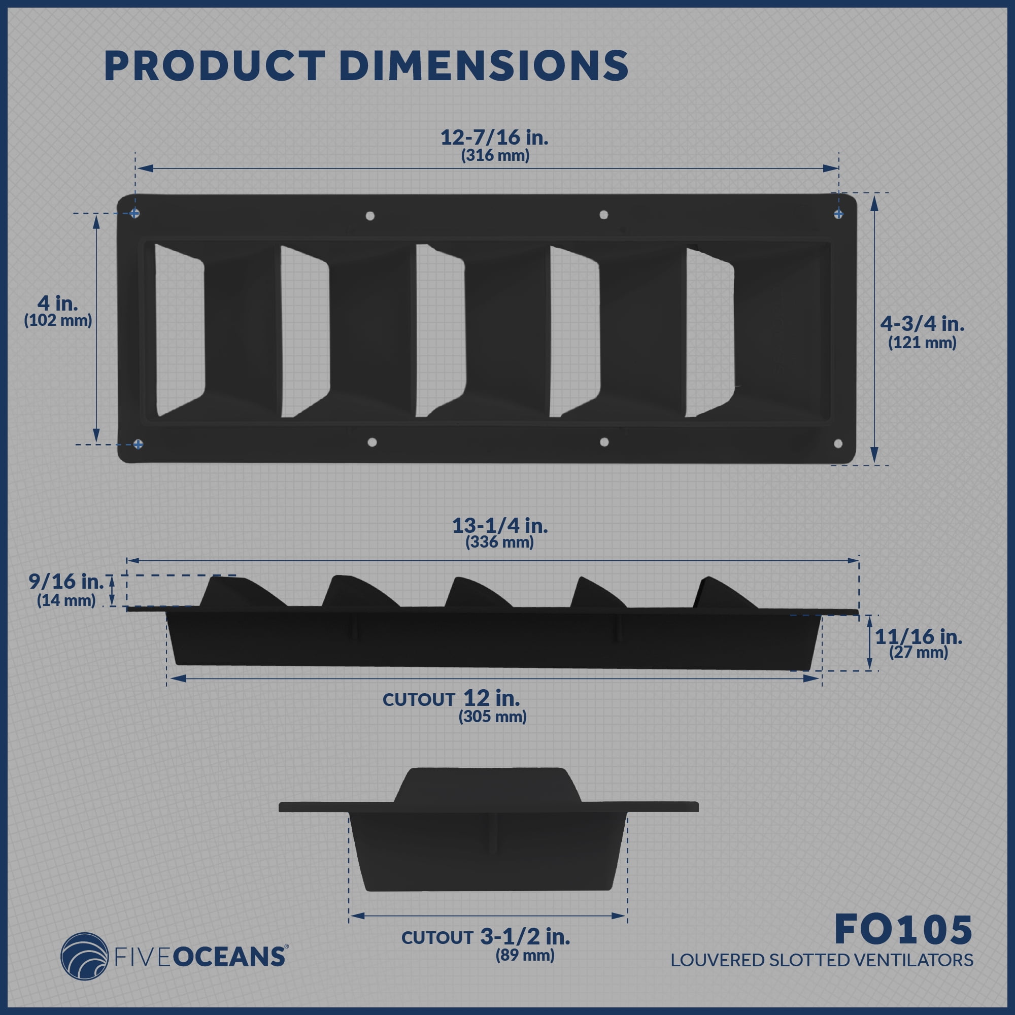 Five Oceans 5-Slotted Louvered Ventilators, 13-1/4-Inch x 4-3/4-Inch, Black ABS Plastic - FO105