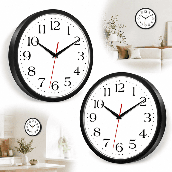 Emlimny 2 Pack Silent Wall Clock, 10 Inch Non Ticking Quiet Digital Sweep Decorative Battery Operated Wall Clocks for Living Room Bedroom Kitchen School Office Decor, Black