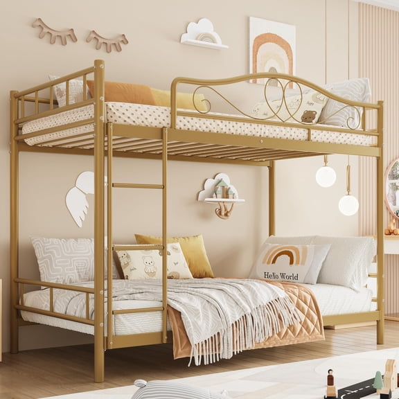 Heavy-Duty Twin over Twin Metal Bunk Bed Frame - Ladder, Full-Length Safety Guardrails - Noise-Free Steel Support, Underbed Storage, No Box Spring Needed - Gold