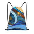 thumbnail image 1 of Xecao Stained Glass Ocean Wave Pattern Sports Drawstring Backpack - String Swim Gym Bag with Wet Proof Pocket for Women&Men-Small, 1 of 6