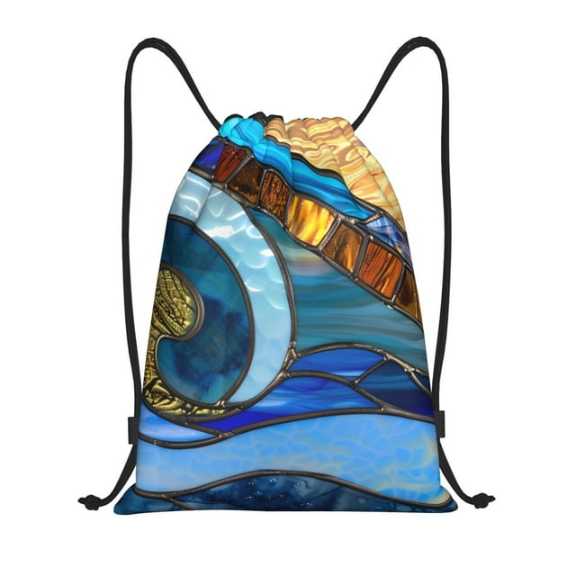 Xecao Stained Glass Ocean Wave Pattern Sports Drawstring Backpack - String Swim Gym Bag with Wet Proof Pocket for Women&Men-Small