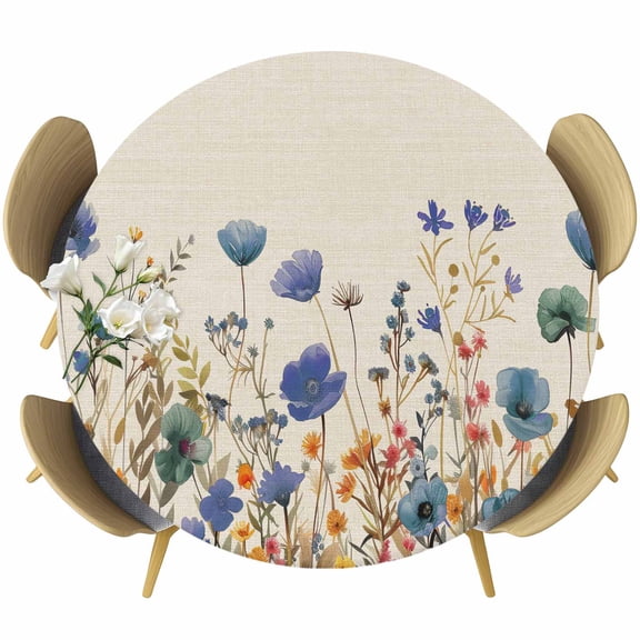 Blue Teal Spring Floral Table Cloth, Round Fitted Tablecloths with Elastic Edge, Watercolor Botanical Summer Flowers Wipeable Waterproof Table Cover for Kitchen Wedding 45-54 Inches