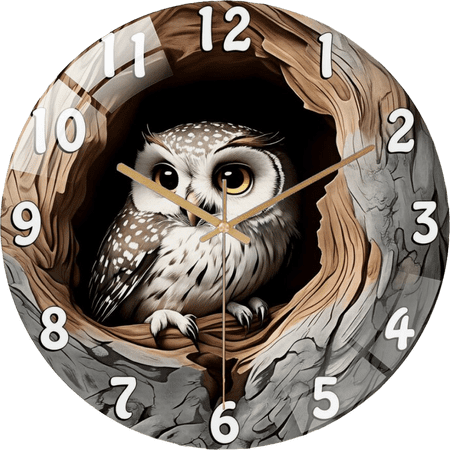 15.75 Inch Tree Hole Owl Glass Round Silent Hanging Wall Clock, Suitable For Living Room, Office, Study Room, Bedroom, Home Decoration (Batteries Not Included),40cm Style 40x40cm