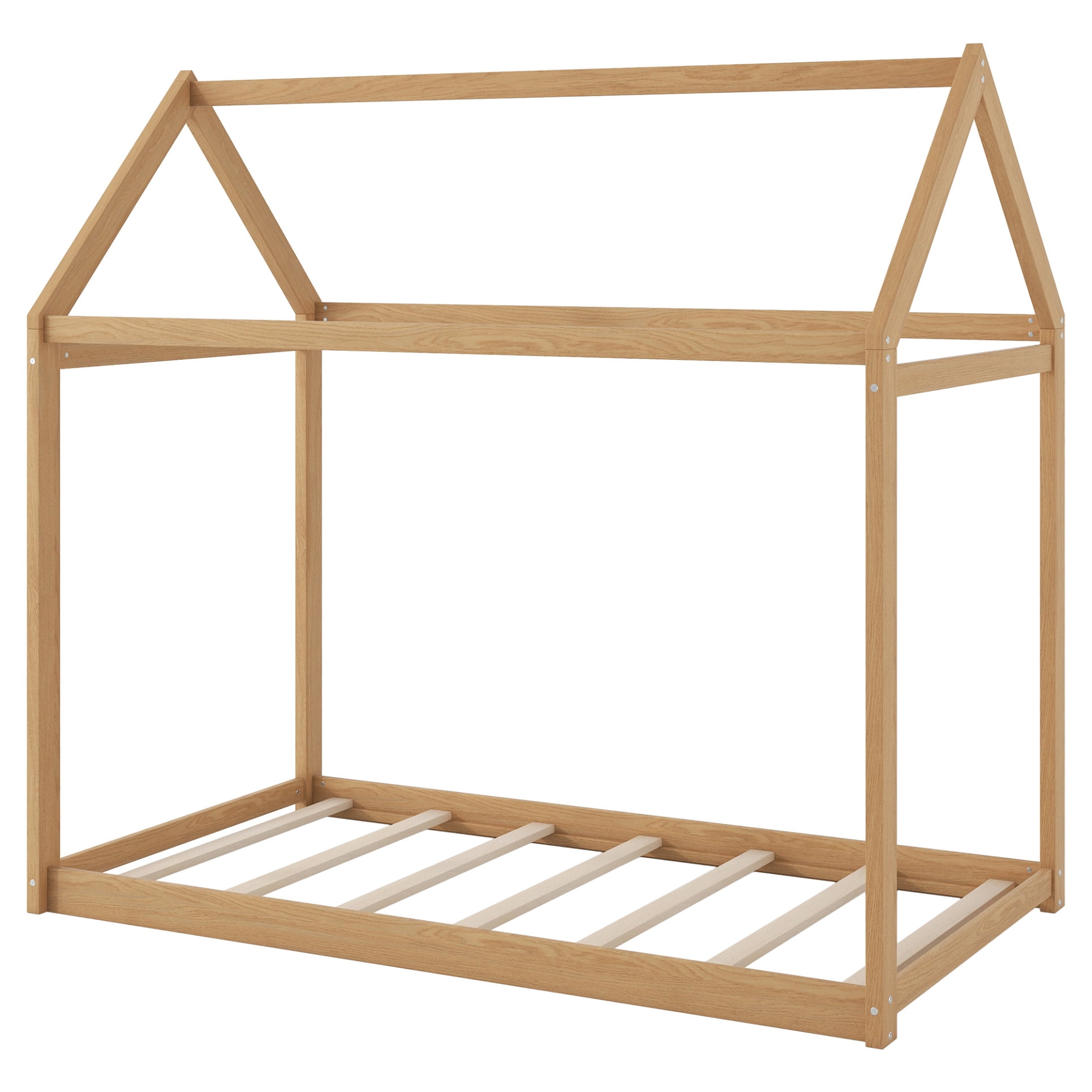 Twin House Bed, Wood Montessori Bed Frame with House Roof Canopy, Low Floor Bed with Sturdy Wood Slat Support for Kids Boys Girls, 400LBS Weight Capacity, No Box Spring Needed, Wood