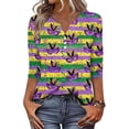 thumbnail image 2 of Mardi Gras Shirts for Women Sequins Mask Print 3/4 Sleeve Blouse Glitter V Neck Party Tunic Tops Light Purple 2XL, 2 of 5