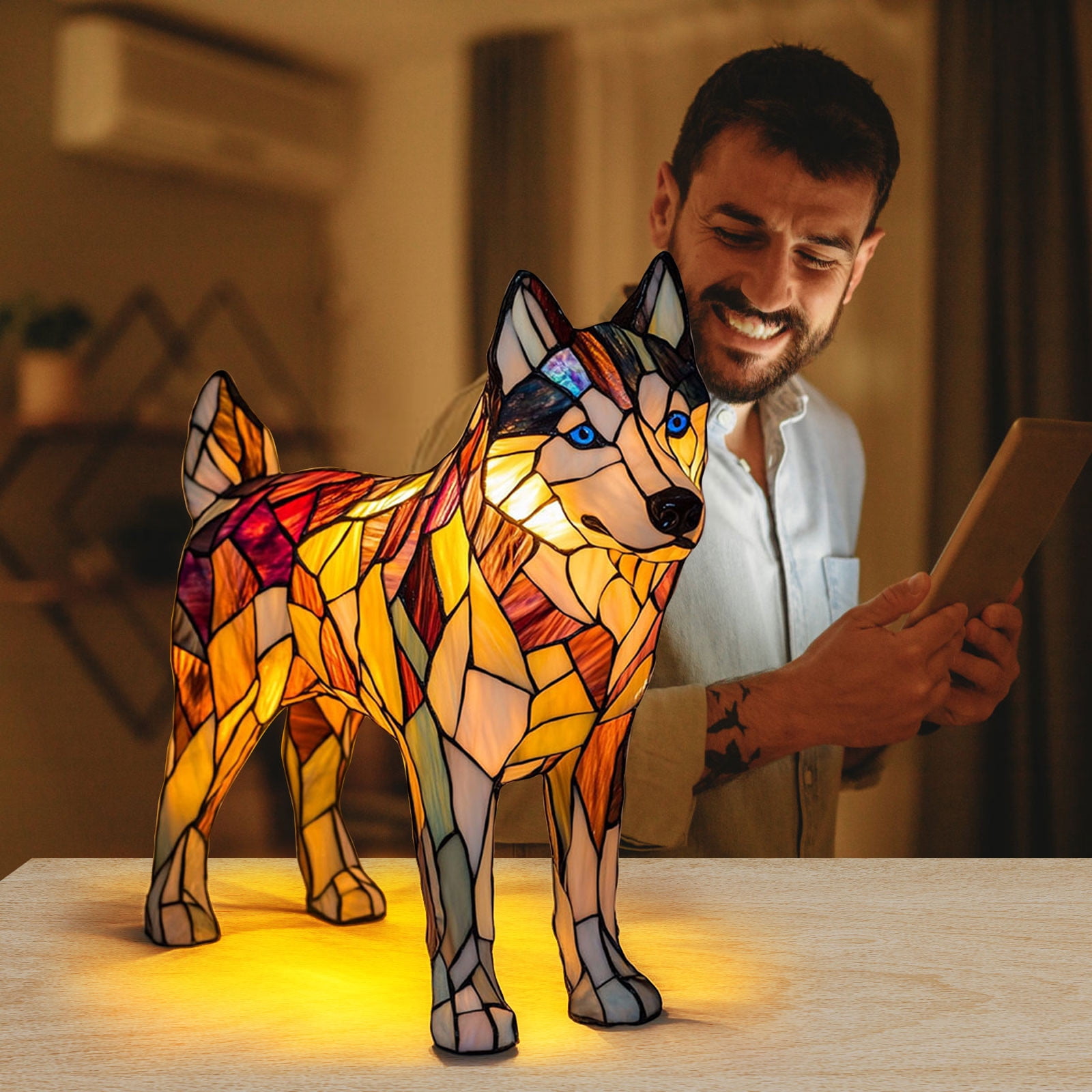 Dollars Stained Resin Desk Light Dog Lamp, Dog Series Art Night Light, LED Night Light for Home Room Decor Fun Gift for Dog Lover(A)