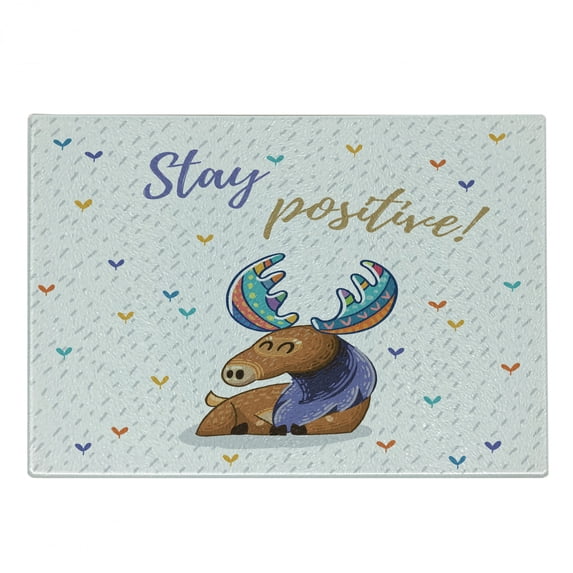 Moose Cutting Board, Words Stay Positive Deer Boho Retro Colorful Antlers Under Rain Hearts, Decorative Tempered Glass Cutting and Serving Board, Small Size, Multicolor, by Ambesonne