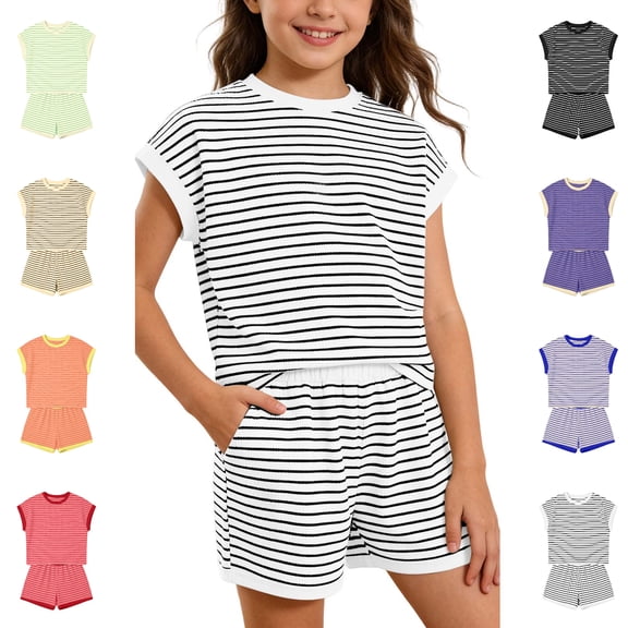 Bigetiay Girl Summer Outfits Fashion Athletic Tracksuit Short Sleeve Shirt with Shorts Outfits 11-12 Years Clothes for Girls