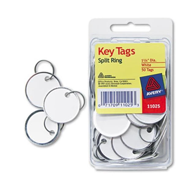 Avery Metal Rim Key Tags, Card Stock-Metal, 1.25 in. Diameter, White, 50-Pack