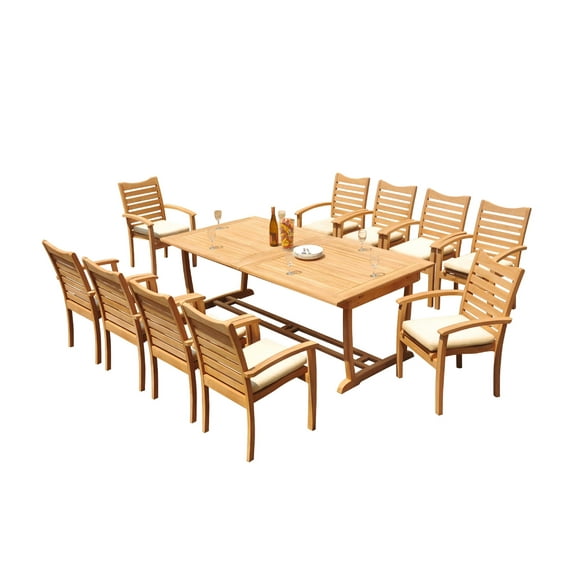 Grade-A Teak Dining Set: 10 Seater 11 Pc: 118" Mas Rectangle Trestle Leg Table And 10 Aspen Stacking Arm Chairs Outdoor WholesaleTeak #51AP2511