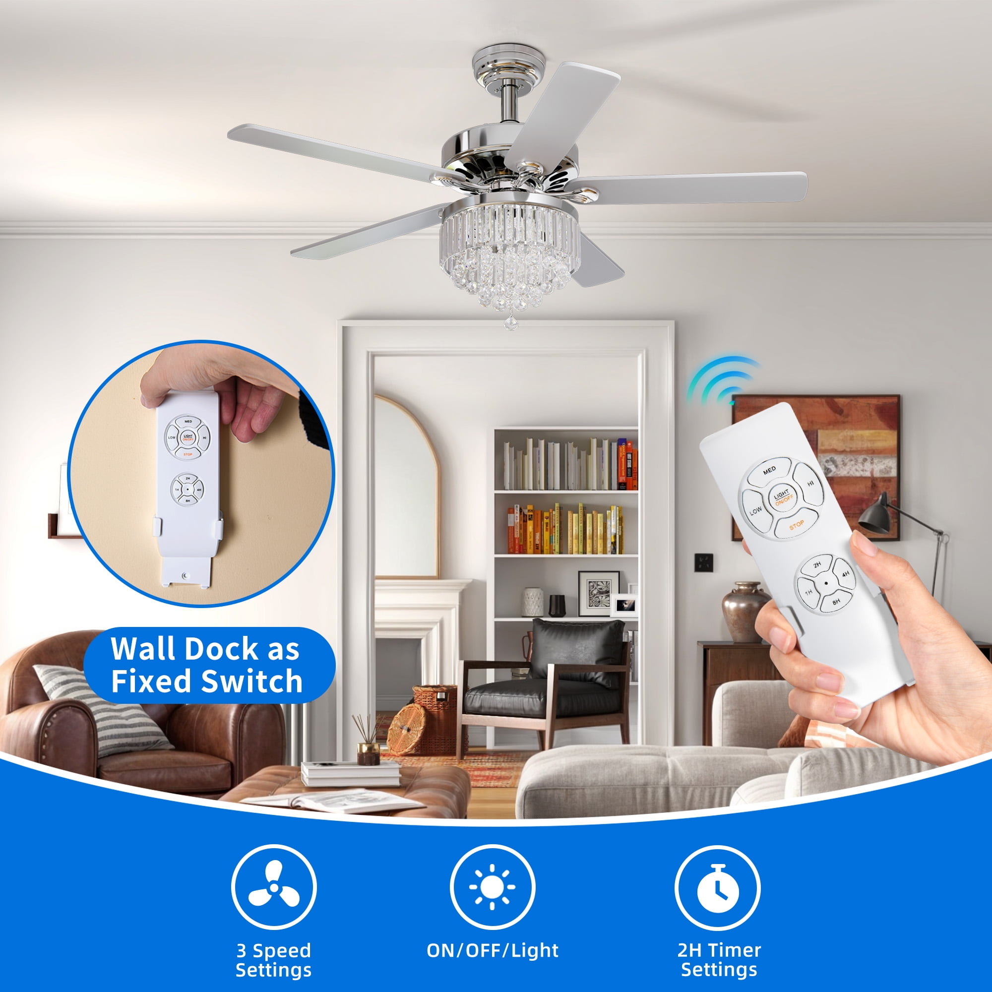 Uforic 52" Crystal Ceiling Fan with light and Remote Control,5 Blades Chandelier Ceiling Fan -Chrome