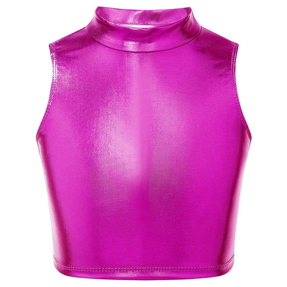 Kaerm Kids Girls Metallic Mock Neck Crop Tops Dancewear Athletic Dance Sports Active Vest Activewear Rose Red 14