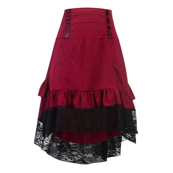 Womens Skirts Midi Length Vintage Retro Skirt Gothic Style Lace Drawstring Stitching Middle Skirt Red M
