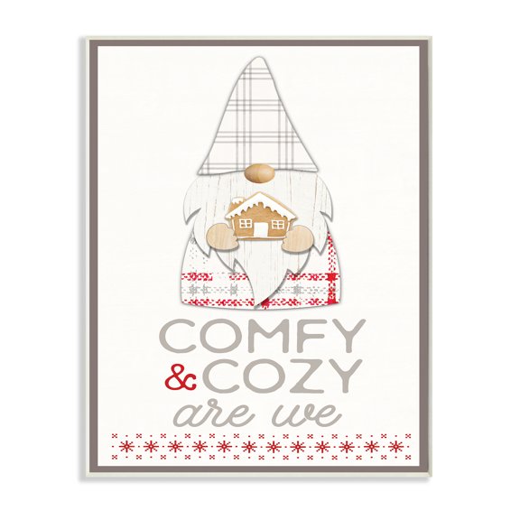 Stupell Industries Comfy and Cozy Phrase Red Plaid Christmas Gnome Fairy Tales & Fantasy Painting Unframed Art Print Wall Art, 13 x 19