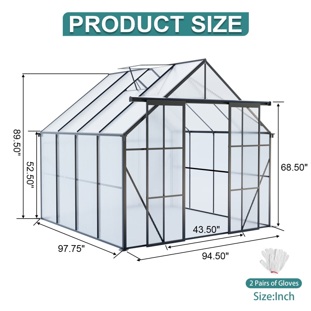Spacious 8x8 FT Walk-In Greenhouse, Double Door Design with Raised Base & Anchors for Serious Gardeners