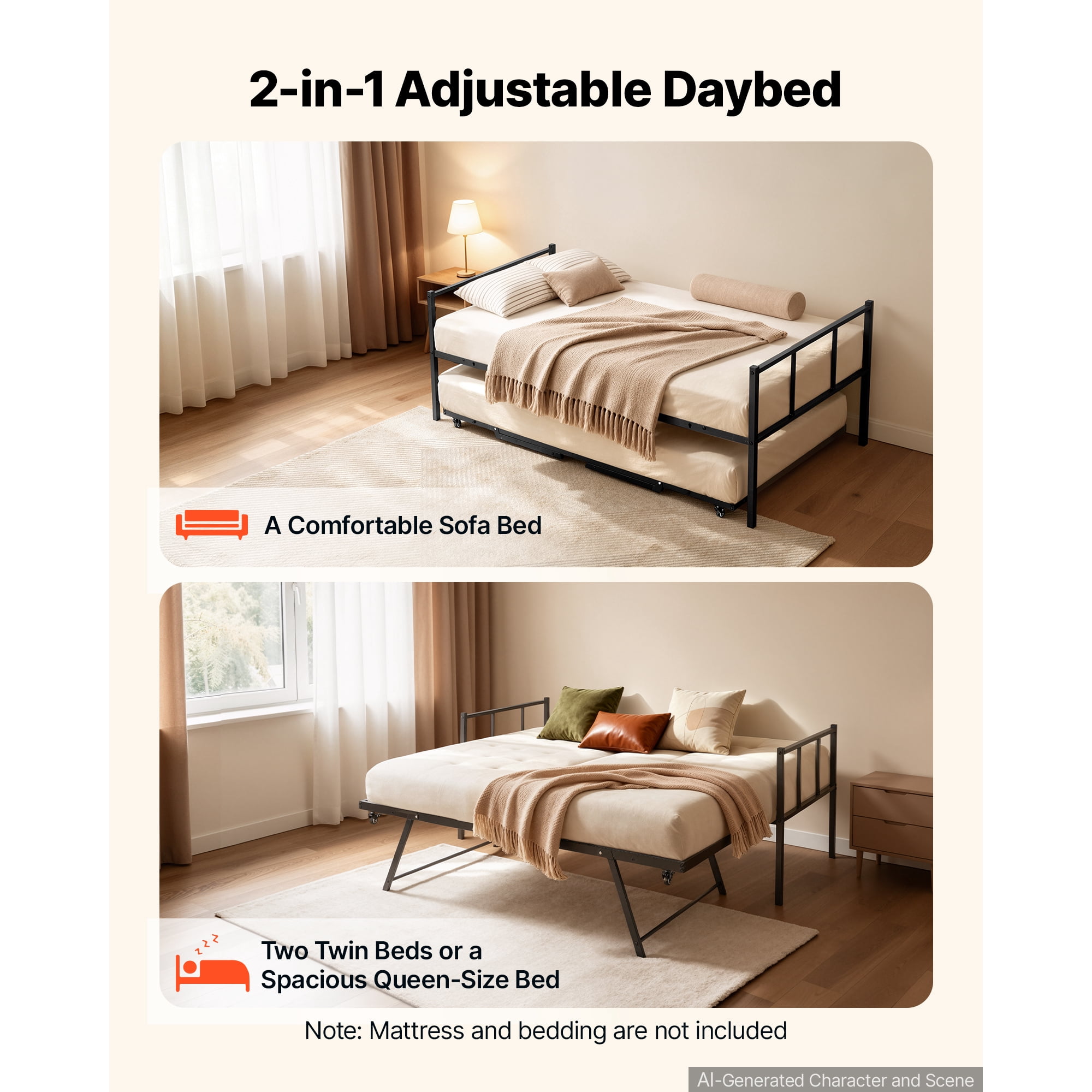 KFFKFF Twin Daybed with Pop-Up Trundle Metal Frame,Rectangular Design for Living Room,Bedroom,or Guest Room.Space-Saving Heavy-Duty Metal Sofa Bed with 2 Lockable Casters,Simple Assembly,Black Finish