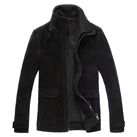 FLAVOR Men's Classic Leather Jacket Suede Winter Coat with Removable Collar (Small, Black)