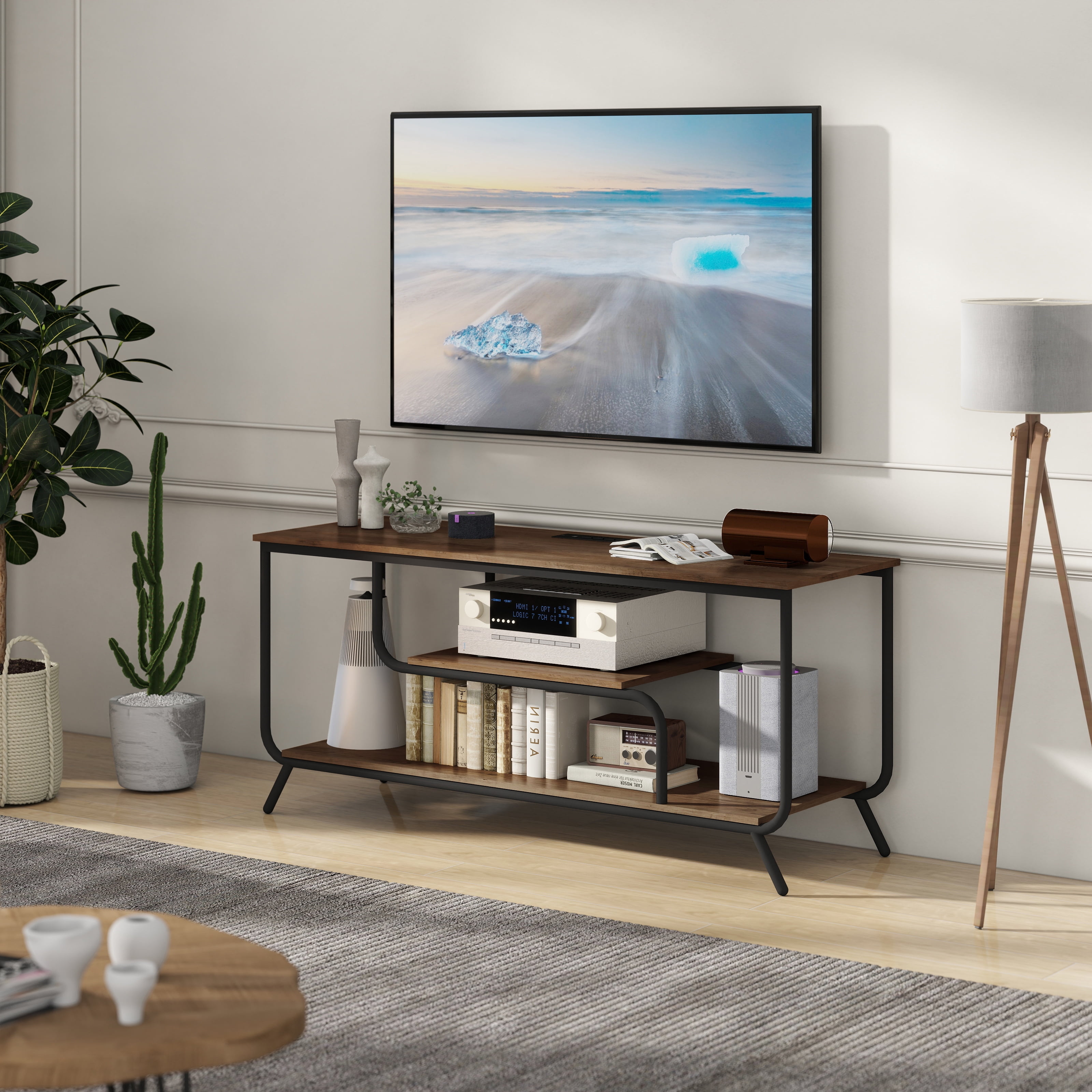 TV Stand, Media Console, Entertainment Center With Power Outlets USB Ports LED Light Strips For Living Room Bedroom TV Up To 55 Inch, Light Gray Modern Stand