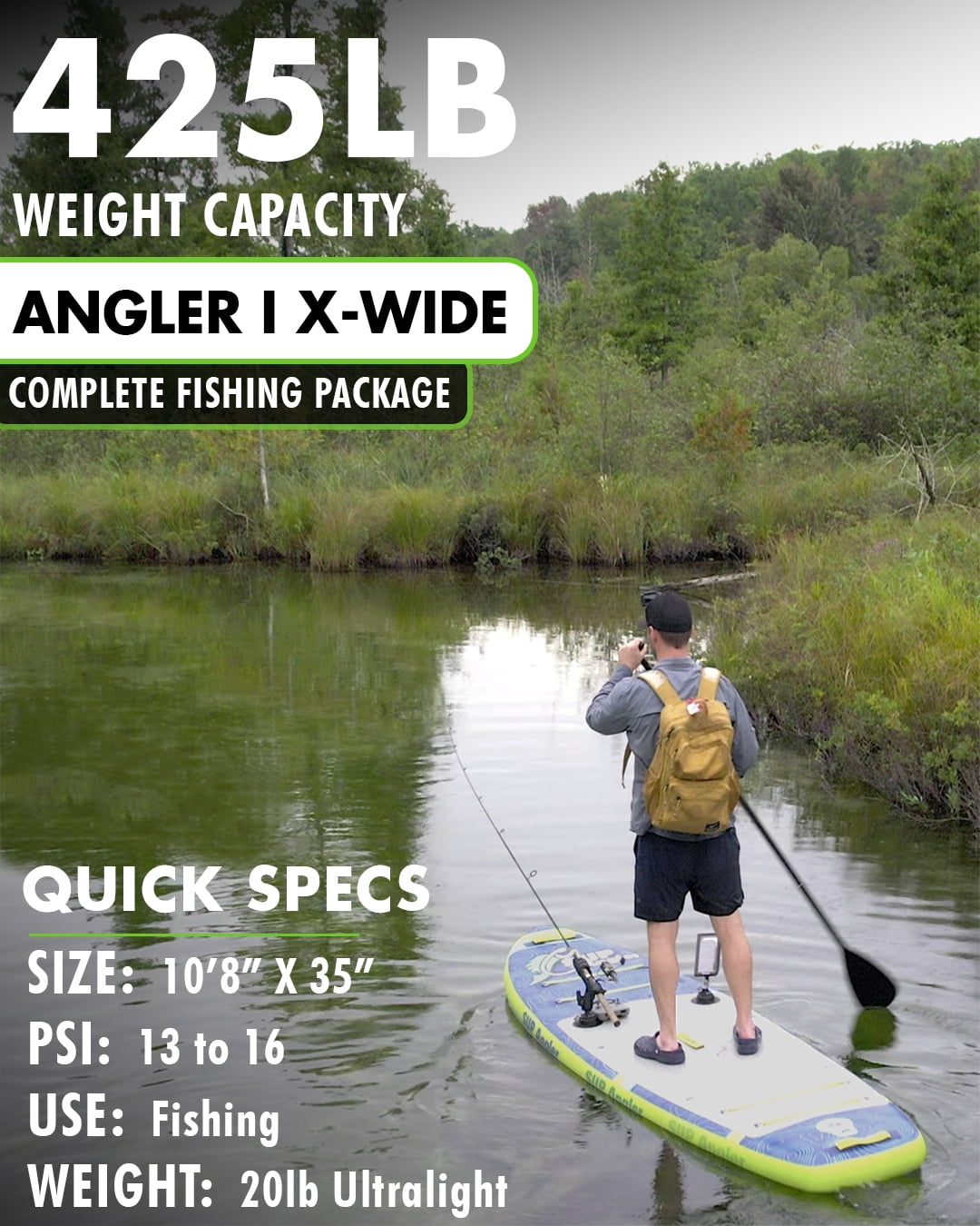 SUP Angler I X-Wide Inflatable Fishing Paddle Board for Adults to 425 lbs - Waterproof Touchscreen Phone Case, 2X Fishing Rod Holders, Paddle Holder, Kayak Seat, Paddle, 3 Fins 10'8" X 35"