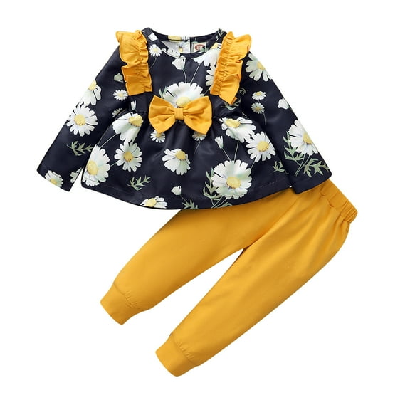 2T Toddler Baby Girls Clothes Baby Girls Outfits 2-3T Girls Long Sleeve Floral Top Pants 2PCS Set Blue