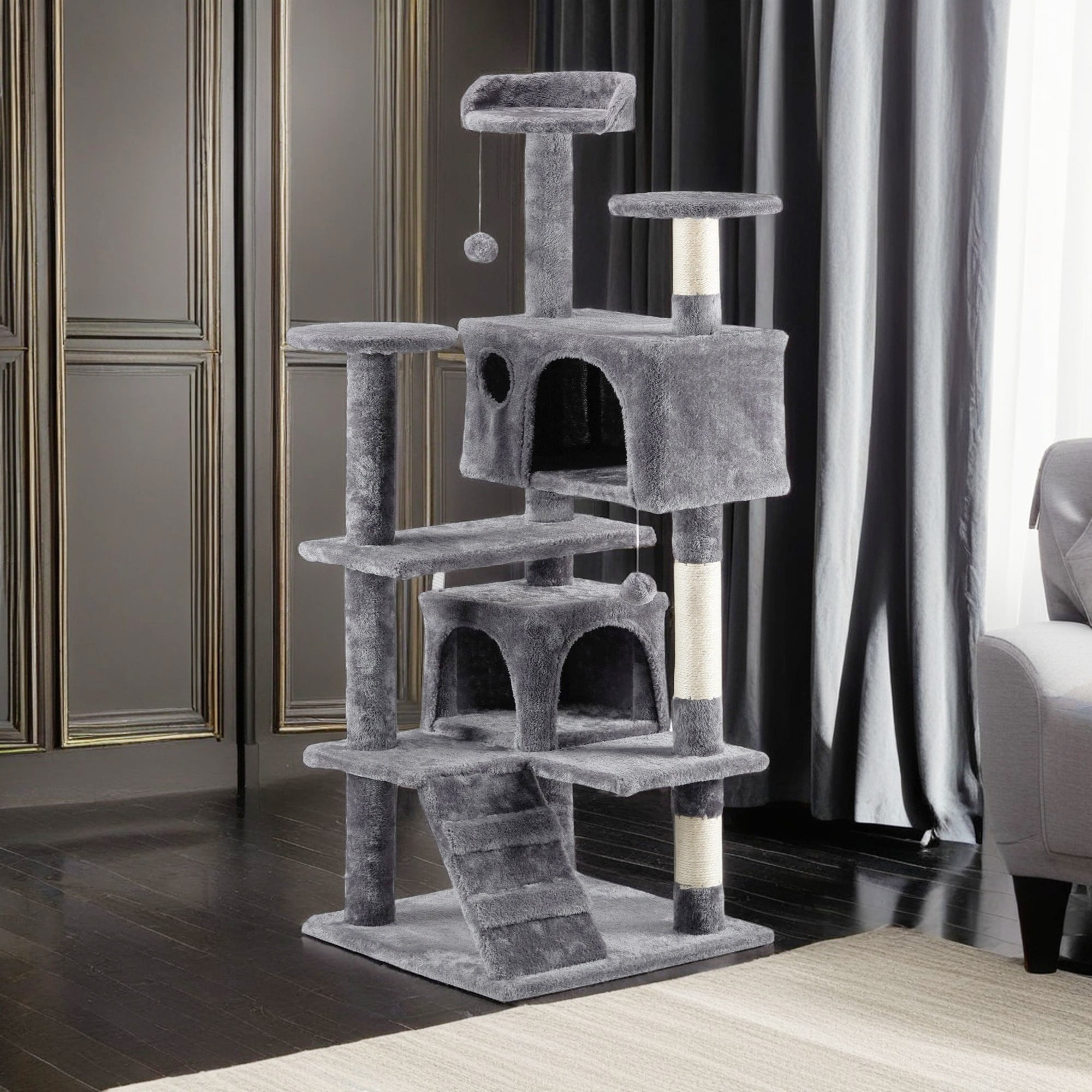 resenkos 53" Multi-Level Cat Tree with Scratching Posts Kittens Activity Tower Pet Play House Cat Condo, Gray