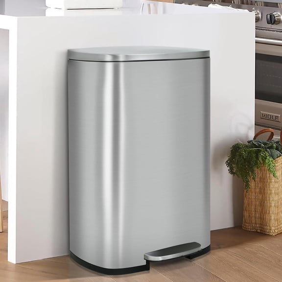 BIQWBIC 13 Gallon Kitchen Trash Can with Soft Close Lid, Foot Pedal and Inner Bucket, Stainless Steel