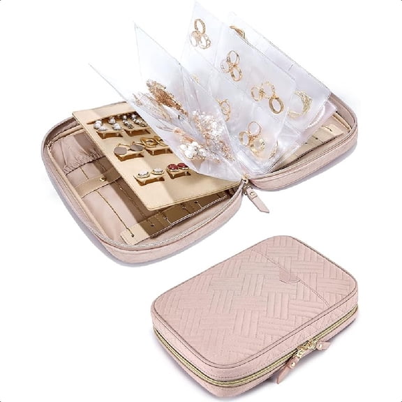 Large Jewelry Travel Organizer Case for Home Jewelry Organizer Storage Ring Binder Jewelry Bags Clear Jewelry Rolls Zipper Pouch Bag for Necklaces, Earrings, Rings, Bracelets, Pink