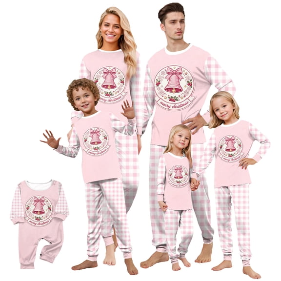 Onlypjs Matching Family Christmas Pajamas Set Pink Gingham Plaid Sleepwear Holiday Graphic Loungewear for Couples, Women and Men