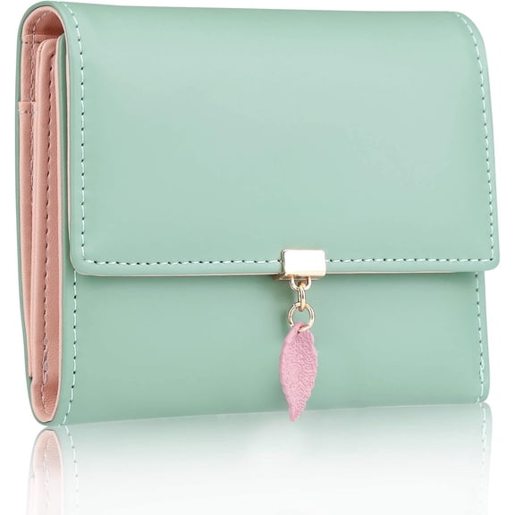 RFID Wallets for Women, Leaf Card Holder Trifold Ladies Wallets  Zipper Pocket with ID Window Green