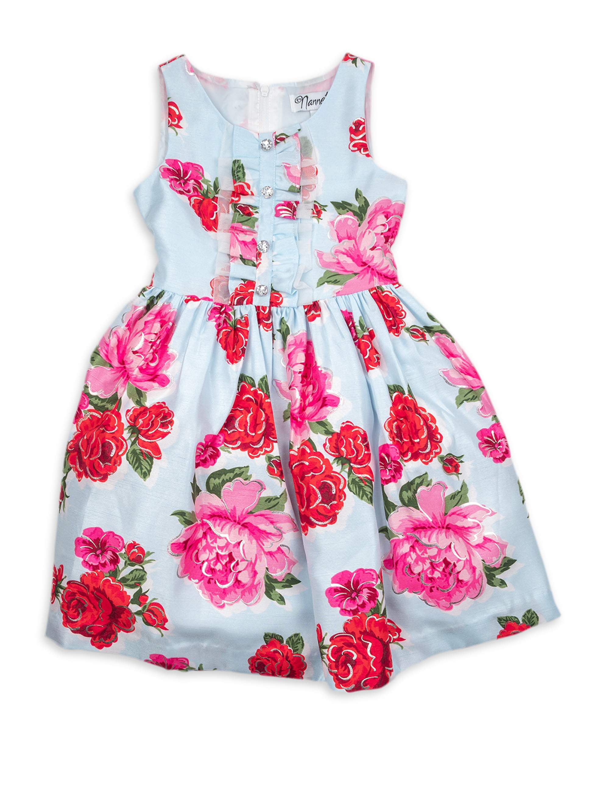 Girls 46X Spring Shantung Dressy Dress With Foil Florals & Ruffle Detail