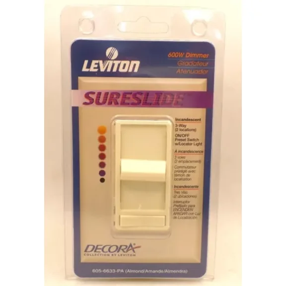 Leviton 6633-Pa Decora Lighted Slide Dimmer Switch Preset 3-Way Incandes Almond