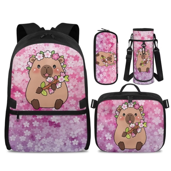 KUIFORTI Blossoms Capybara Bookbag with Lunch Box Kid Backpack Set 4Pcs Girls School Bag Pencil Bags for Elementary Primary Middle School Back to School Supplies