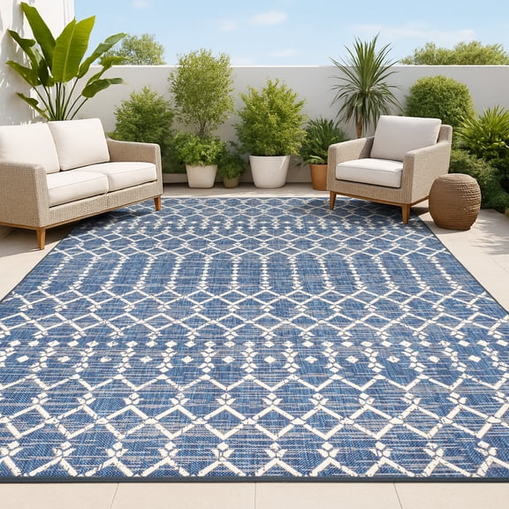 JONATHAN Y SANTA MONICA 8 x 10 Area Rug, Ourika Moroccan Geometric Textured Weave - Navy/Beige, SMB108K-8