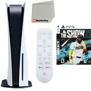 Angle View: Sony Playstation 5 Disc Version (Sony PS5 Disc) with Media Remote, MLB The Show 21 and Microfiber Cleaning Cloth Bundle