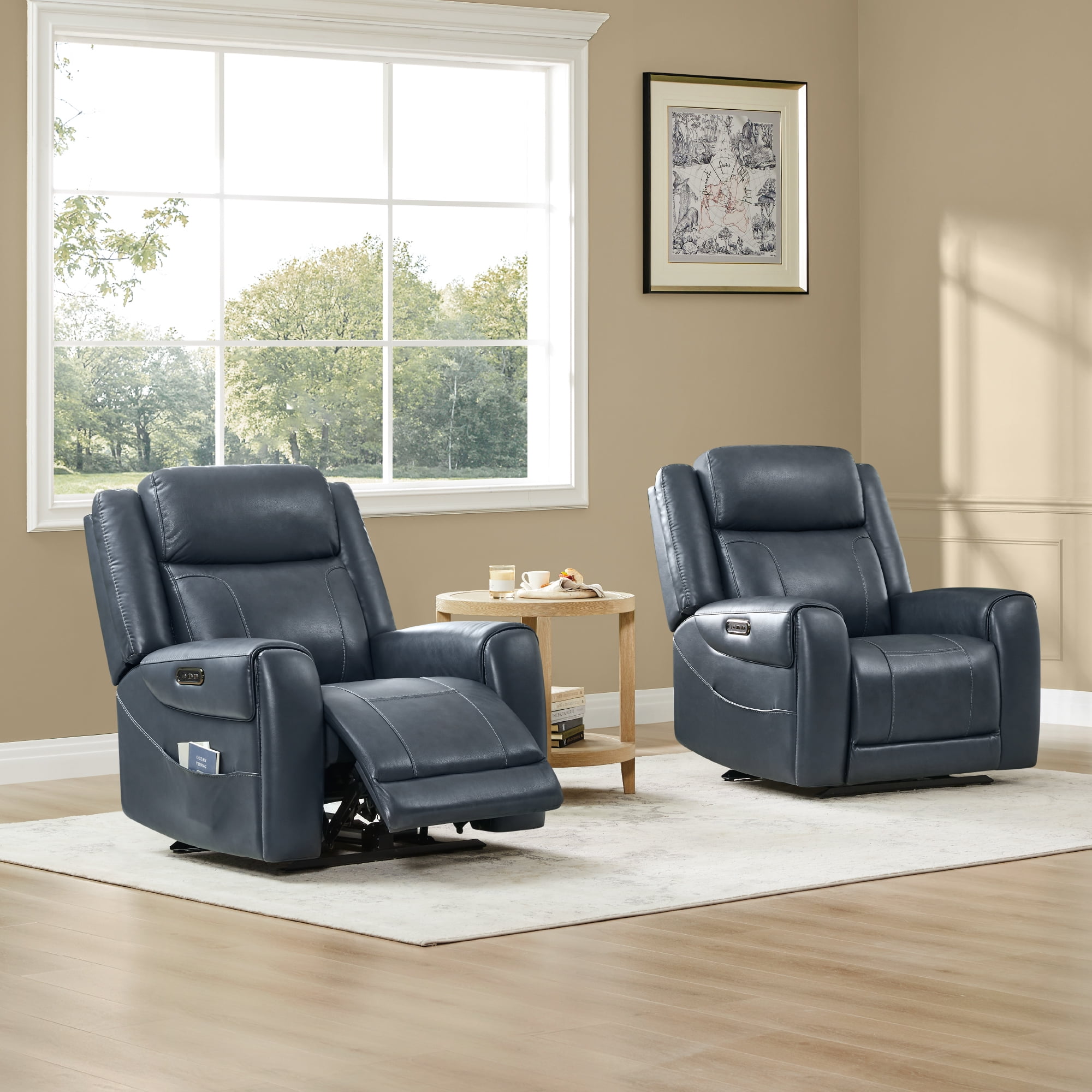 Spruce & Spring Wall Hugger Genuine Leather Power Recliner with Headrest, Navy