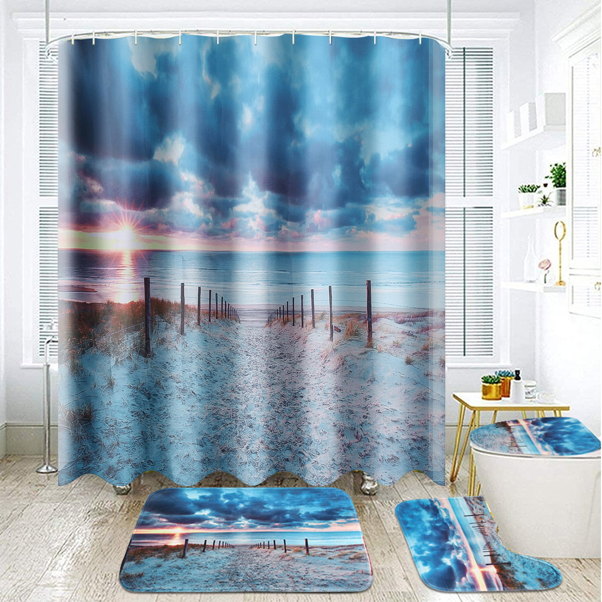Waterproof Bathroom Shower Curtain Toilet Lid Cover Bath Mat Set For Home Hotel 