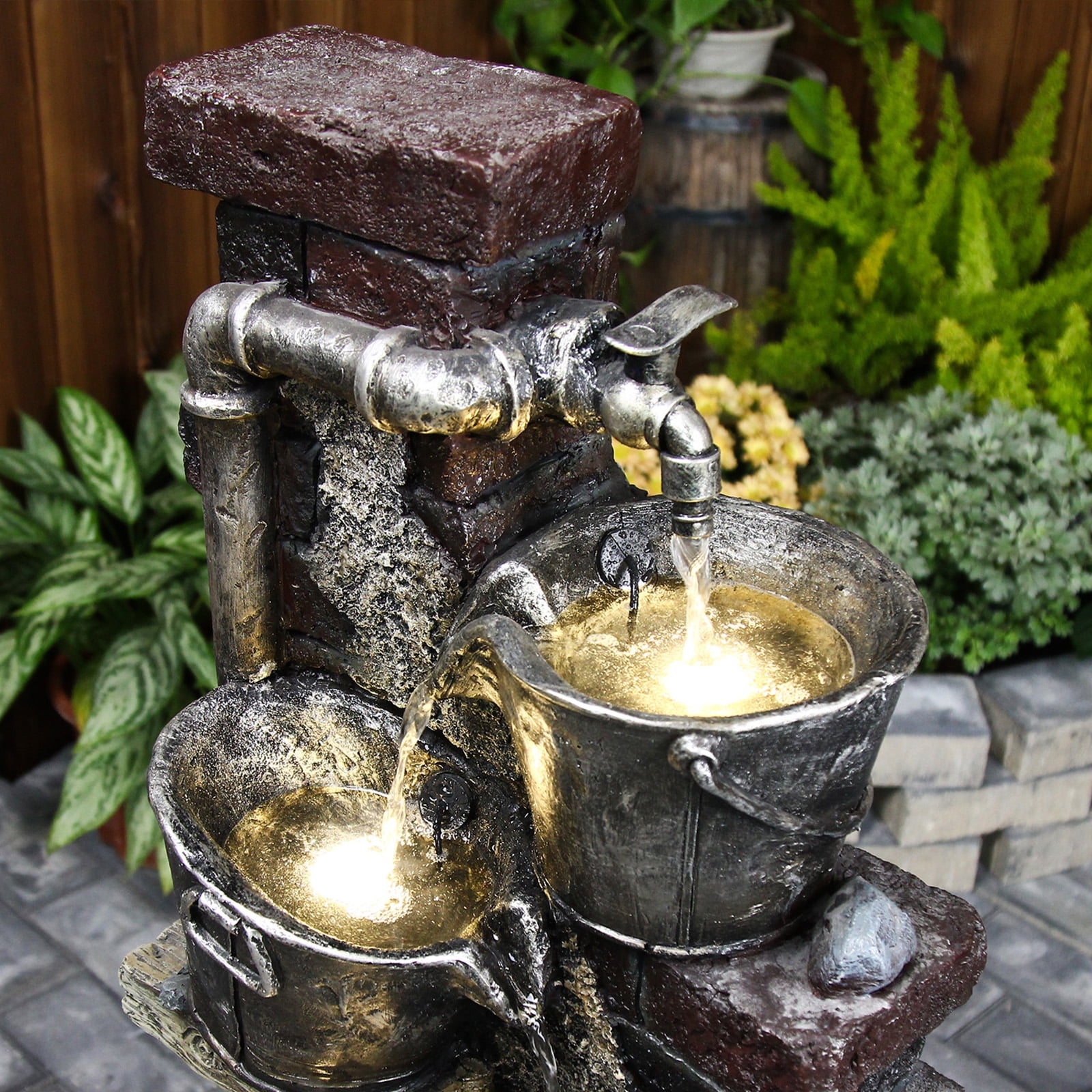 5-Tiered Water Fountain Outdoor 39.37''H Faucet Indoor Waterfall Garden Fountains Farmhouse Water Feature for Backyard Patio Lawn Home Decor with LED Lights