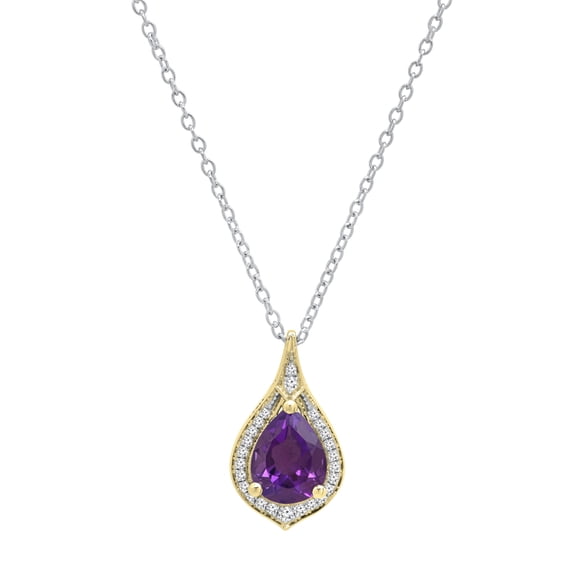 Dazzlingrock Collection 9X7mm Pear Amethyst & Round White Diamond Teardrop Pendant for Women with 18 Inch Silver Chain (0.10 ctw, Color I-J, Clarity I1-I2) in 14K Yellow Gold