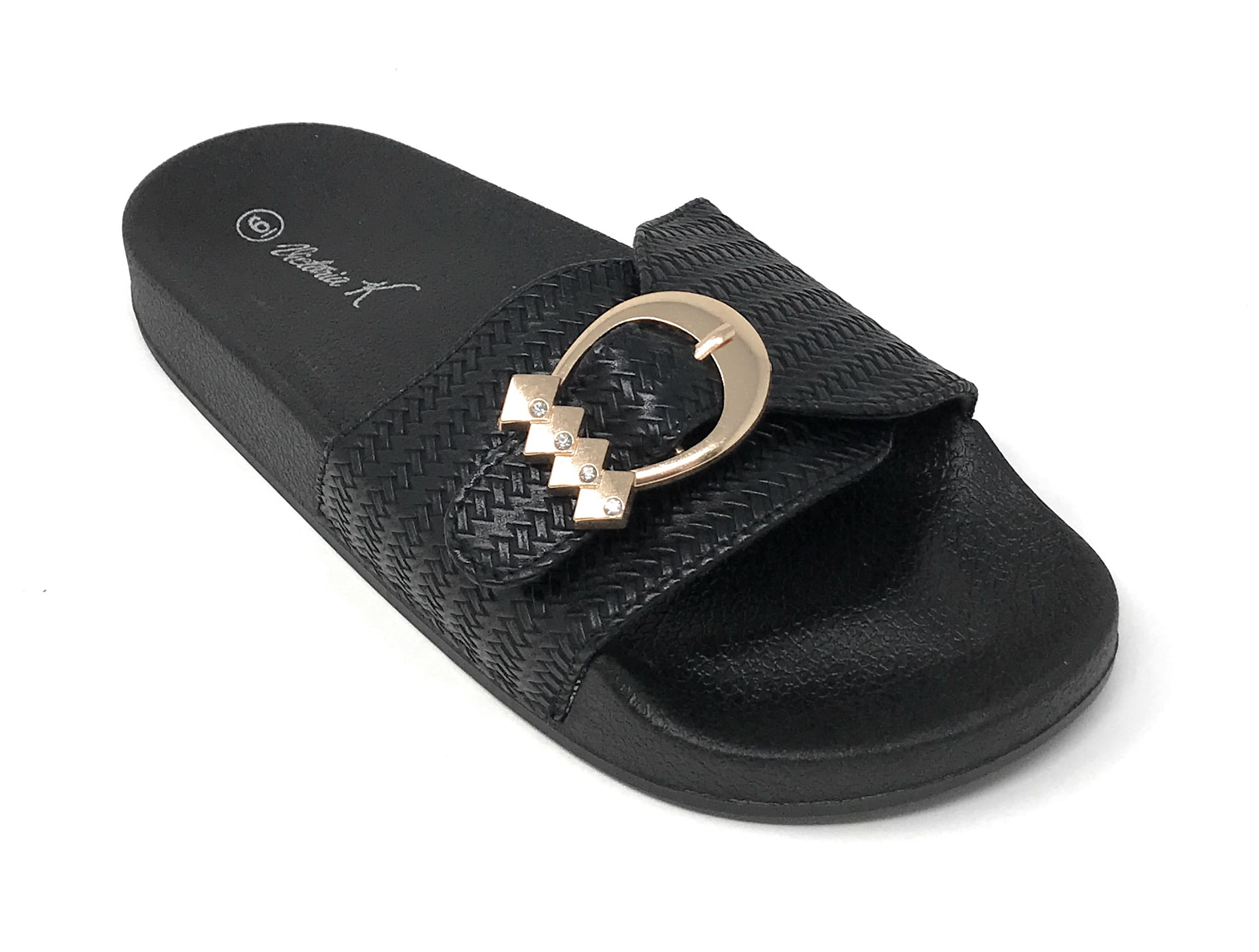 Gold & Black Leaf Slider Sandal | Slider sandals, Black leaves, Flat shoes women